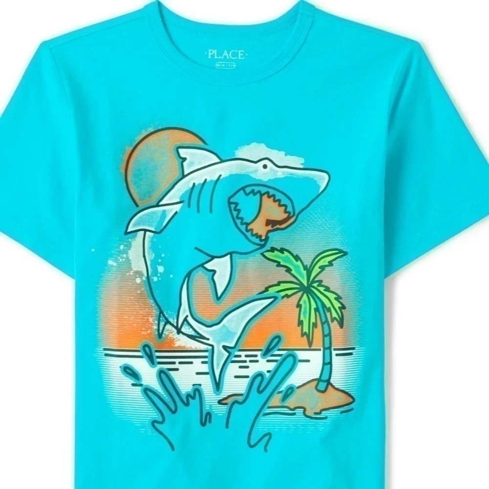 Size large graphic tee. New with tags. Shark and palm tree graphic